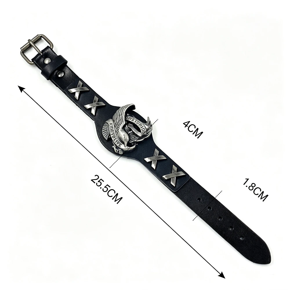 Herren Echtleder-Armband Punk Biker Adler Zinklegierung Armband Vintage Handgefertigt Verstellbare Schnalle Männlicher Motorrad-Schmuck – Detail 2