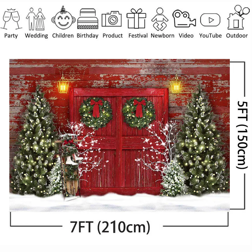 Mocsicka Winter Christmas Backdrops for Photography Red Wooden Door Pine Tree Snowfield Photo Background Girl Portrait Photocall
