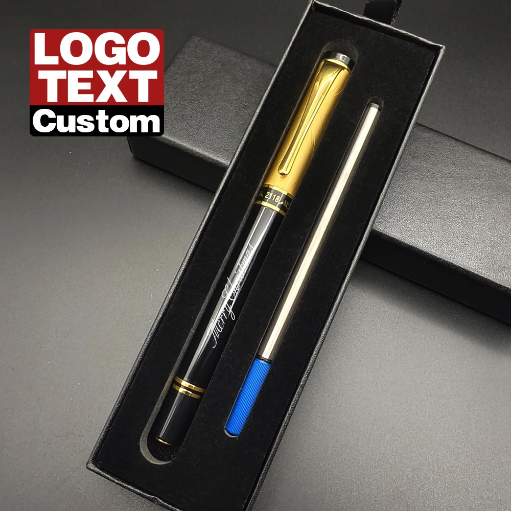 Customizable Name Logo Text - Black Gold Business Ballpoint Pen Set Personalized Signature Pens Gift Box