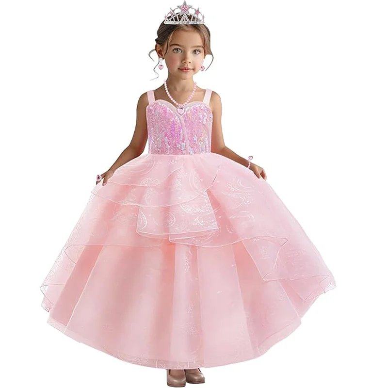 좋은 마녀 Glinda 의상 핑크 드레스 크라운 마술 지팡이와 장갑 사악한 소녀 할로윈 코스프레 생일 파티 복장