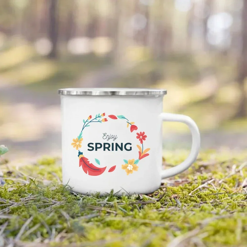 Hello Spring Enamel Camping Mug Appreciation Best Original and Fun Gifts Drink Juice Water Dessert Cocoa Milk Handle Cup
