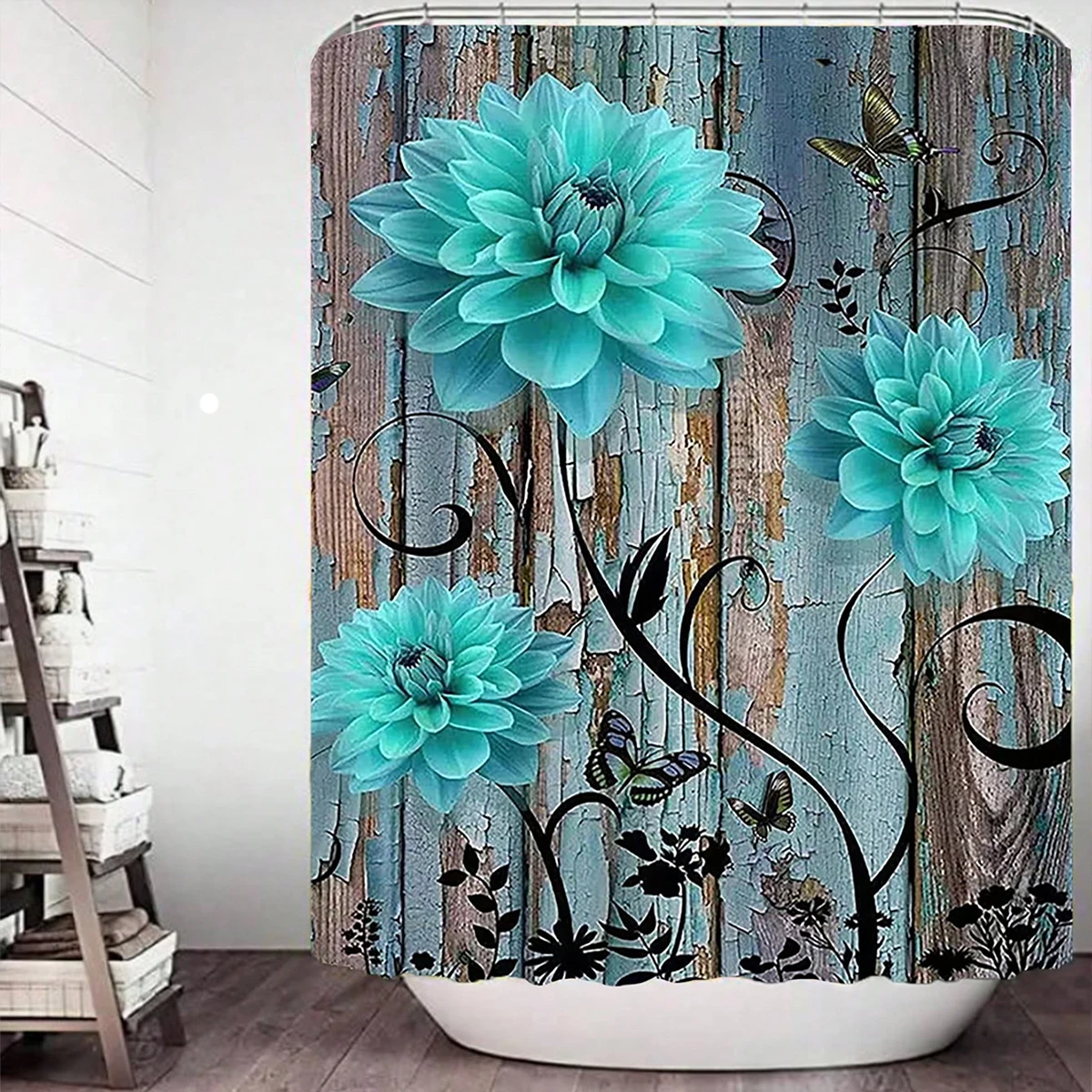 1 pc blue rose patterned polyester material shower curtain waterproof fabric, thickened anti mold partition curtain, bathroo