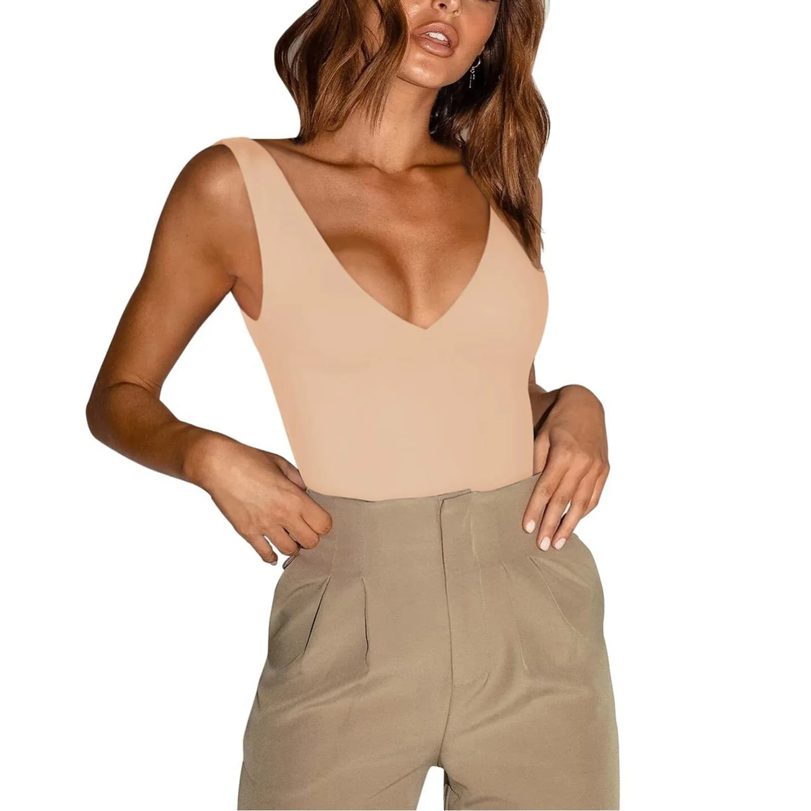 تي شيرت نسائي مثير بقصة ضيقة ورقبة على شكل V وحمالة رقبة، قطعة علوية أنيقة بلون واحد وبدون ظهر وأكمام قصيرة من البوليستر للصيف #1