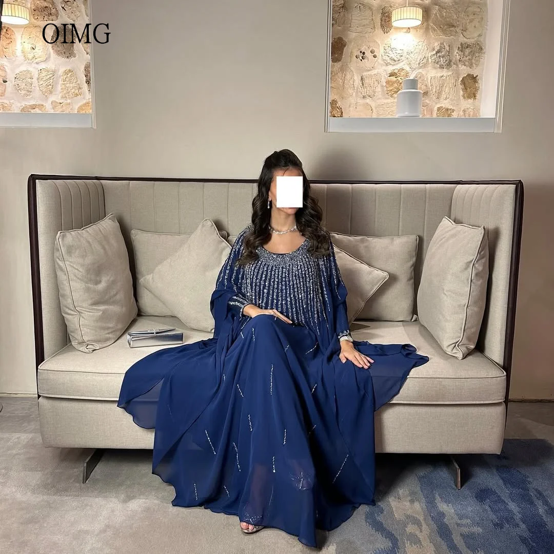 

OIMG Dark Blue A Line Prom Gowns Bead O Neck Formal Party Gown Chiffon Ankle Length Evening Dress vestidos de fiesta Customized