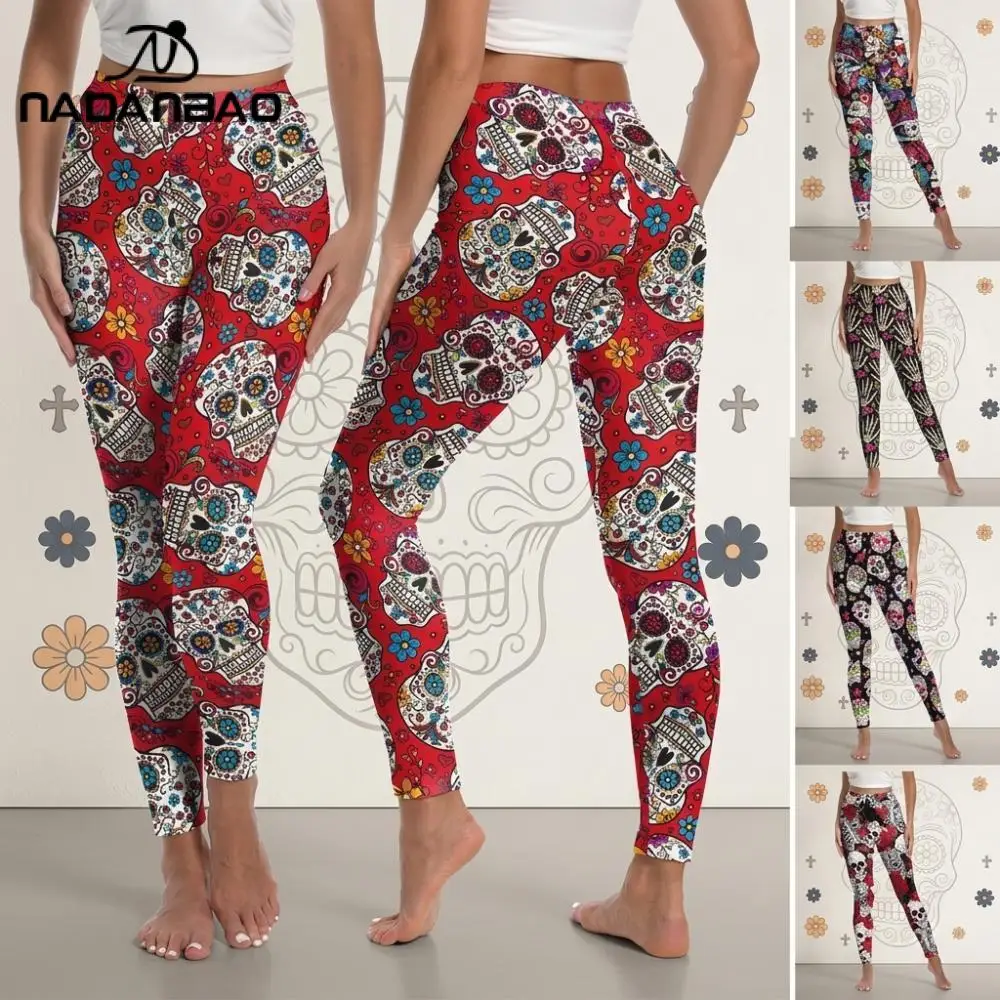 Nadanbao Halloween Flower Skull Print Leggings Women's High Waist Trousers Soft Elastic Pants Day of The Dead Holiday Bottoms