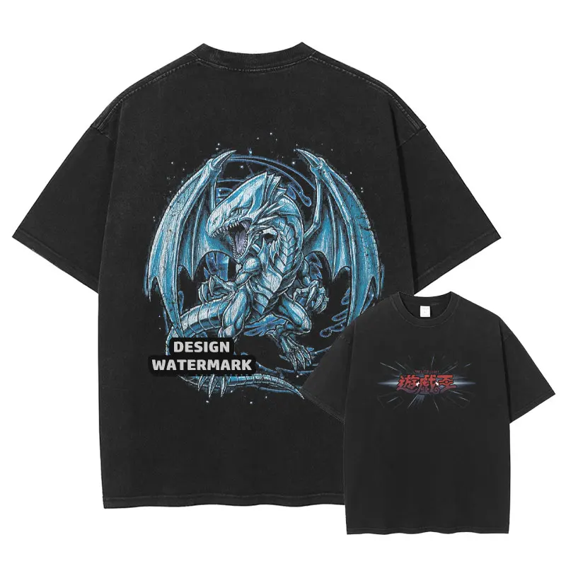 

Anime Yu Gi Oh T Shirt Vintage Washed Blue Eyes White Dragon T-shirts Dark Magician Manga Tops Tees Men Girl Short Sleeved Shirt