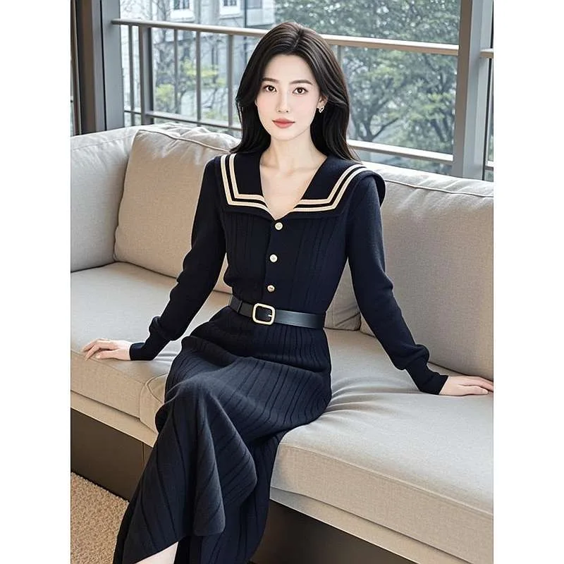 French High Quality Women Striped Sailor Collar Sweater Dress Autumn Winter Pearls Button Knitting Elastic Belt Long Vestidos