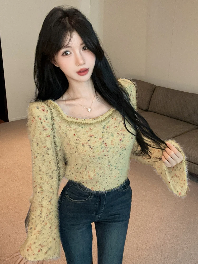 가을 우아한 패션 달콤한 밍크 니트 탑 한국 여성 빈티지 플레어 긴 소매 슬림 섹시 풀오버 스웨터