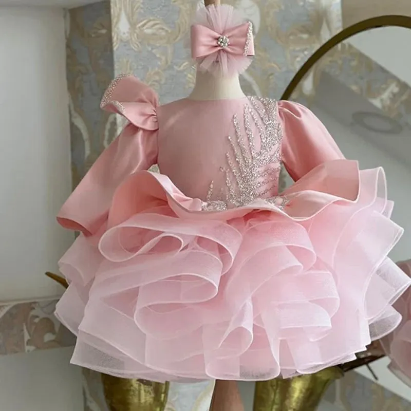 Girls Big bow Princess Dress 2024 New Long Sleeve Baby Tutu Birthday Dresses Teen Ball Gown Dres Children Wedding Clothing