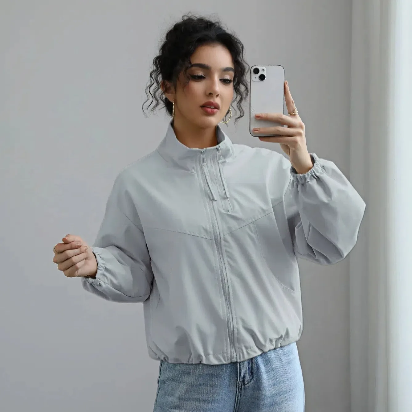 European American Autumn New Fashion Women's Solid Color Stand Collar Long Sleeve Simple Basic Casual Trendy Jackets Female Coat