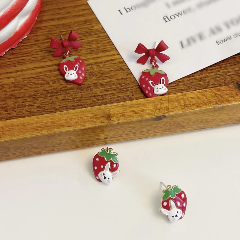 Mihan Lovely Jewelry 925 Silver Needle Red Stawberry Earrings Sweet Korean Temperament Boknot Rabbit Drop Earrings For Girl Gift