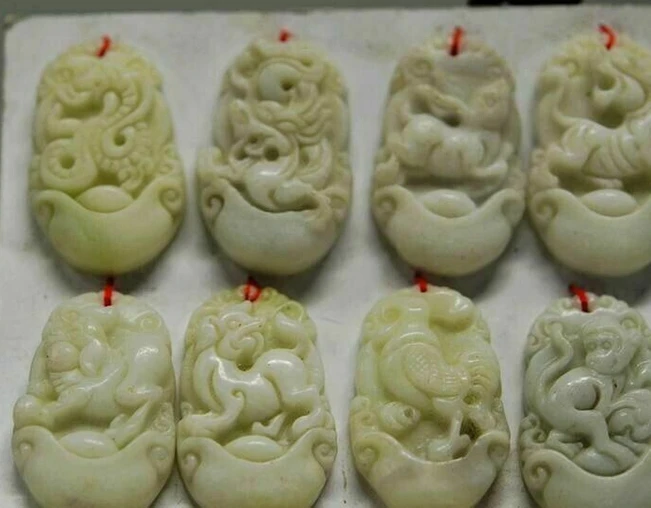 CHINESE 100% HAND CARVED NATURAL LANTIAN JADE SET 12 ZODIAC PENDANT