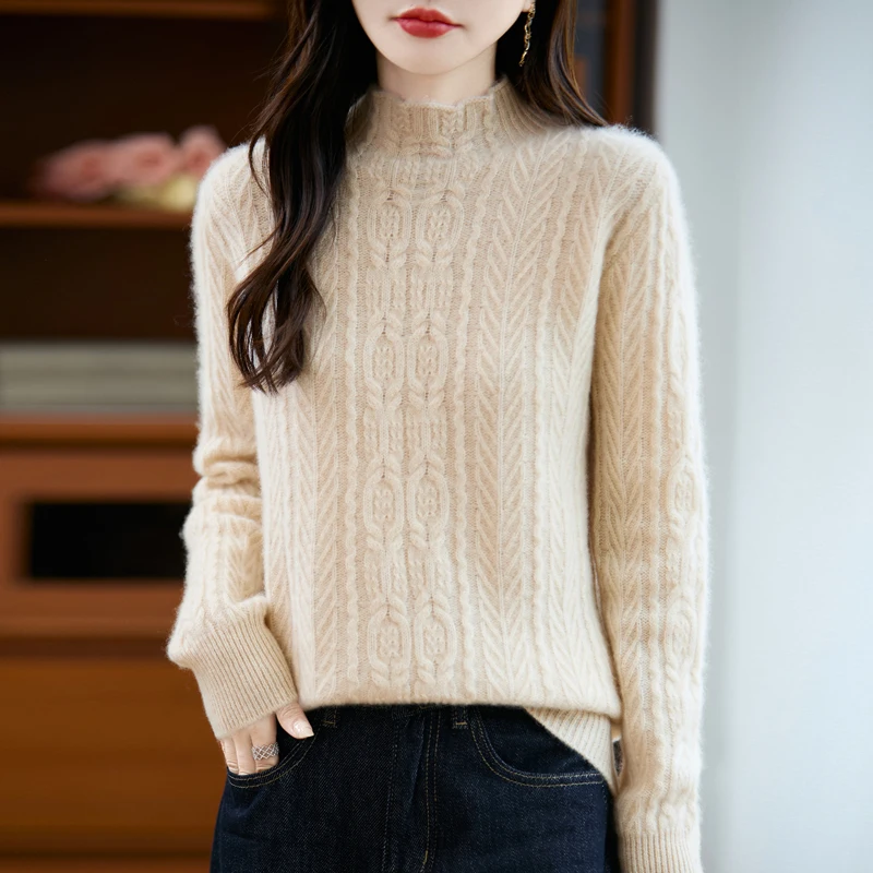 

2025 New Women's Clothes 100% Merino Wool Mock Neck Autumn and Winter Fashion Jacquard Pullover Women's Knitted Top