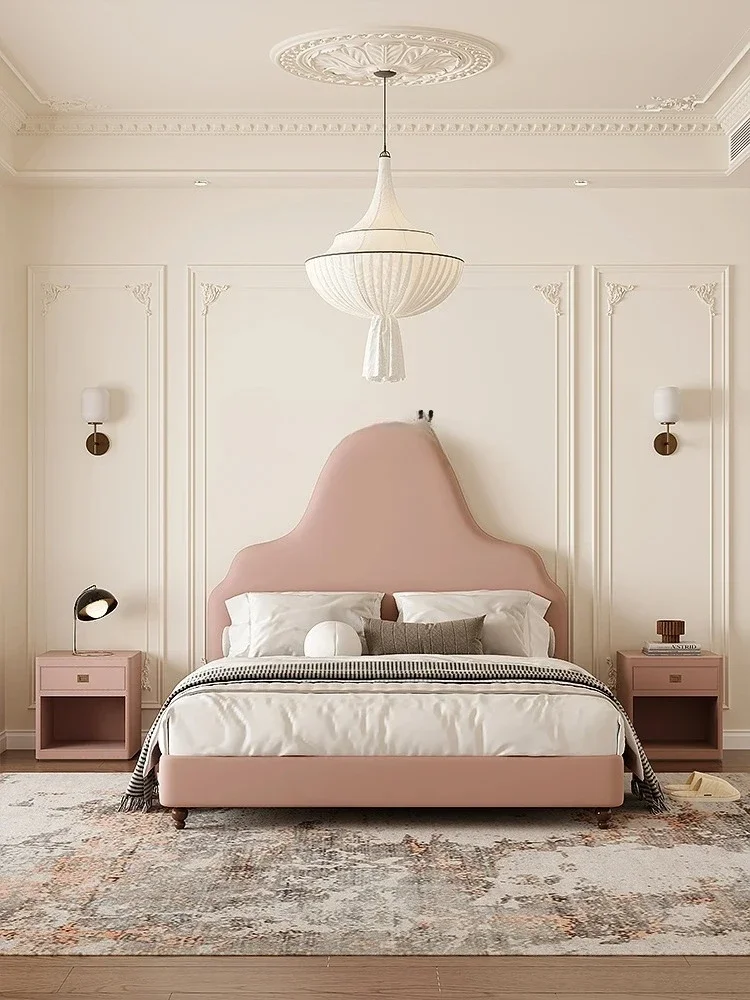 American Light Luxury Princess Bed Modern Simple High Backrest Leather Designer Fashion Pink Leather Marriage Bed