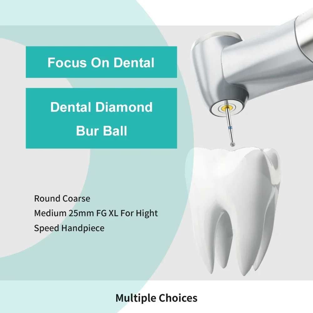 Denspay-Dental Diamante Burs Broca Bola, Tipo Redondo, 25mm, FG 1.6mm, Handpiece de alta velocidade, 450000r/Min, 10pcs por pacote