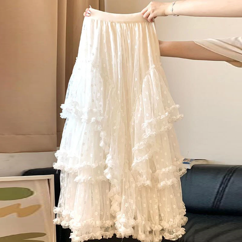 

White lace lace half skirt women's autumn and winter new A-line gauze skirt sweet princess fluffy cake long skirt