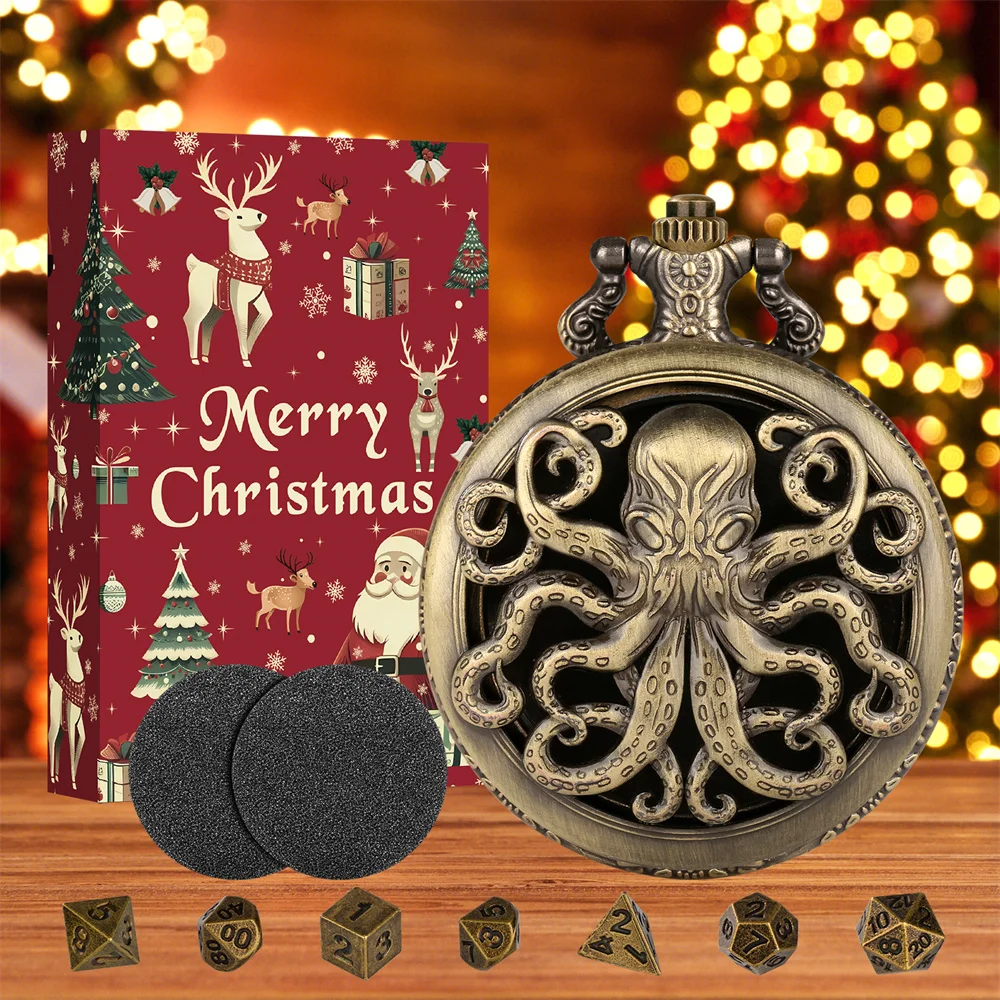 Bronze/Grey Black Octopus Half Hunter Pocket Watch Case with 7pcs Mini Polygon Dices Set Vintage Christmas Gift for Dices Lovers