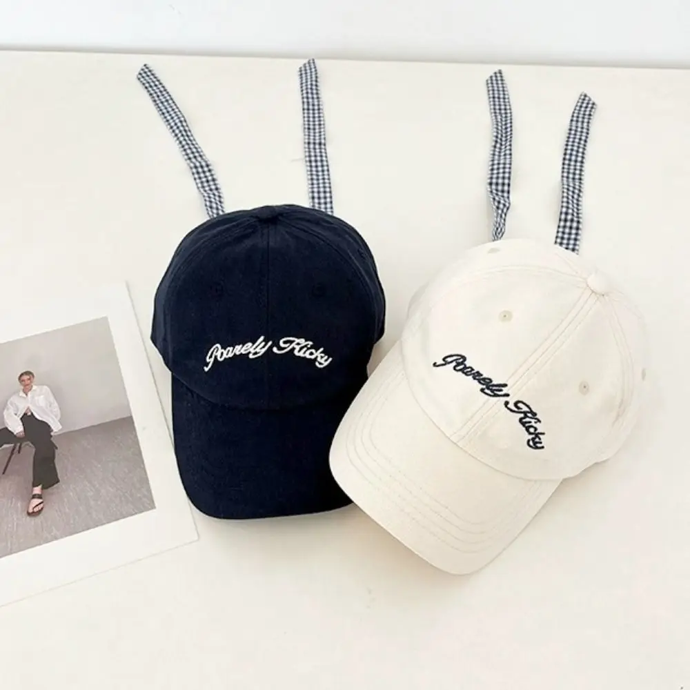 

Cotton Letter Baseball Cap Adjustable UV Protection Bow Strap Baseball Cap Hip Hop Hat Korean Version Plaid Bow Protection Hats