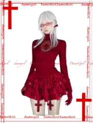 Original Design Women Girls Bloody Red Cross Print Red Wine Shirt Gothic Hollow Out Stretch Turtleneck Slim Tshirt Tee Tops