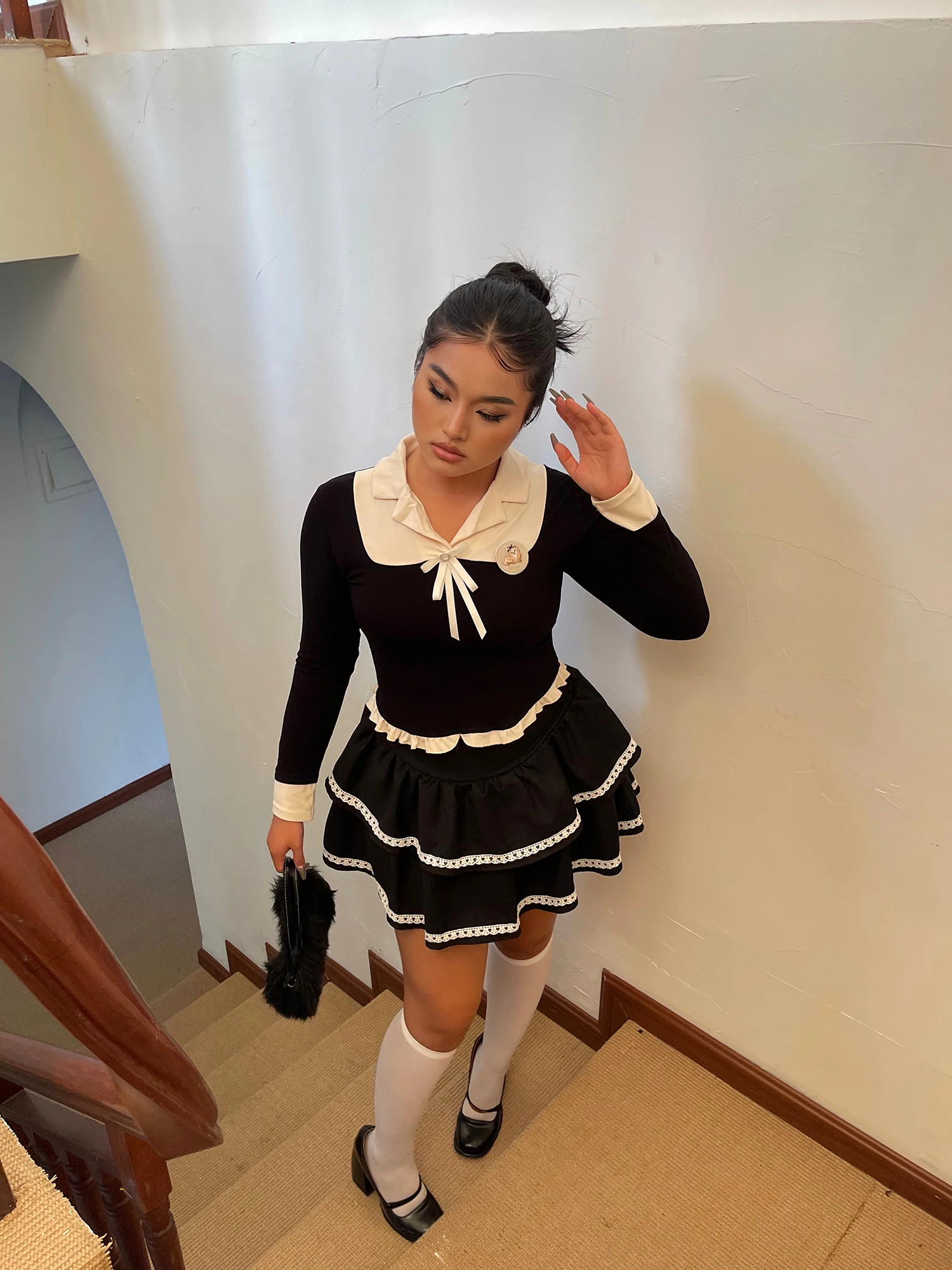 Large Size Classic Fashion Bow Cute Brooch Sweet Girl Short Top New Retro A-line High Waist Simple Lace Versatile Cake Skirt