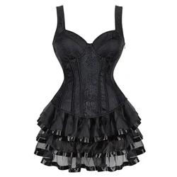 Sexy Women Gothic Satin Corset Top With Strap Cup Zipper Bustier Lingerie Mini Tutu Skirt Victorian Party Costumes Plus Size