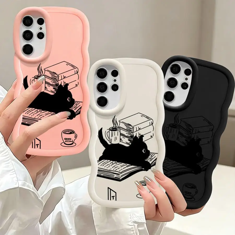 Book Lover Coffee Cat Case for Samsung Galaxy S26 S25+ S24 S23 Plus S22 Ultra S21 S24+ S25 S20 FE Soft Phone Cover