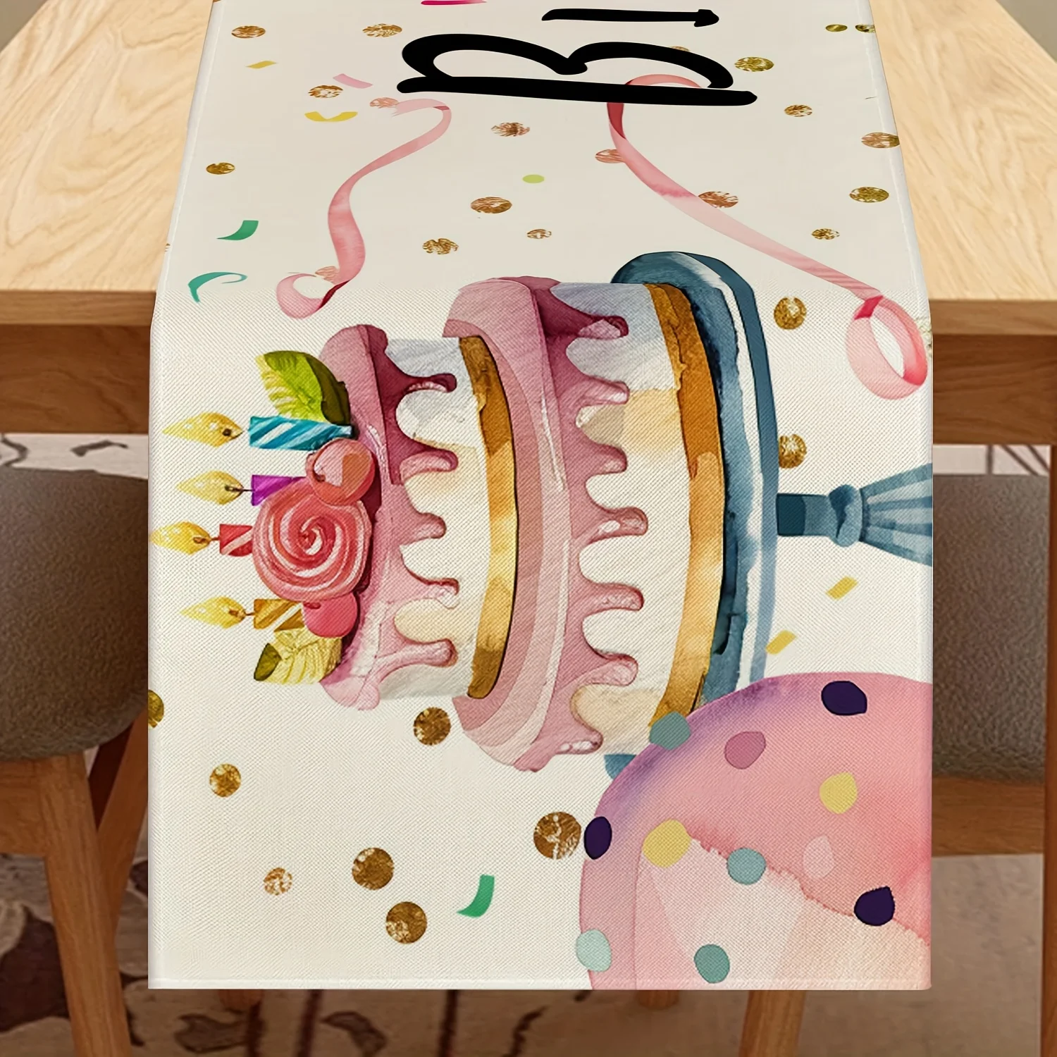 1 Piece of Colorful Watercolor Cake, Balloon, and Confetti Pattern Table Runner, Suitable for Farmhouse, Indoor, Kitchen, Celebrations, Table Decoration, Restaurant, and Banquet Decoration Supplies