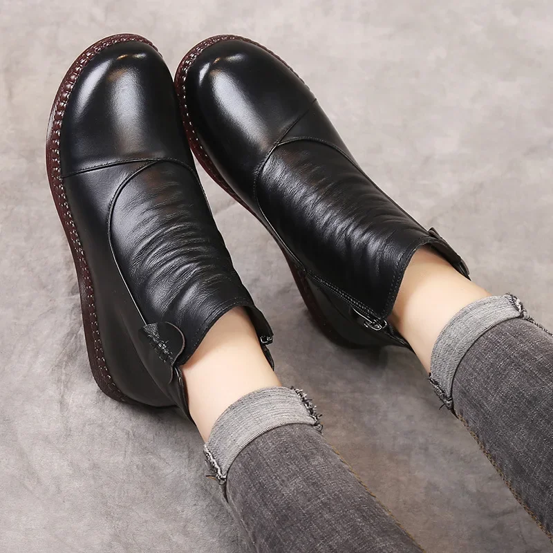 BEYARNE Autumn Women\'s Shoes Leather Boots Women Fashion Winter Boots Women Flats Non-slip Warm Thick-soled Shoes Women