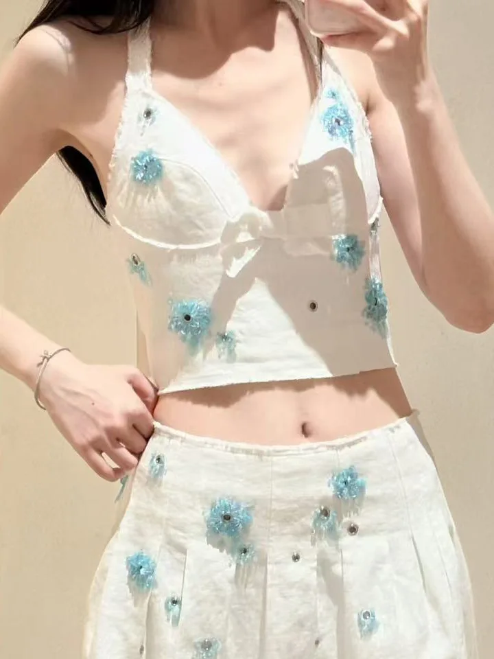 

High Waist Hanging Neck Vest Women's Knot Top Shanghai Flower One Linen Material Slim Fit V Neck Spring Summer