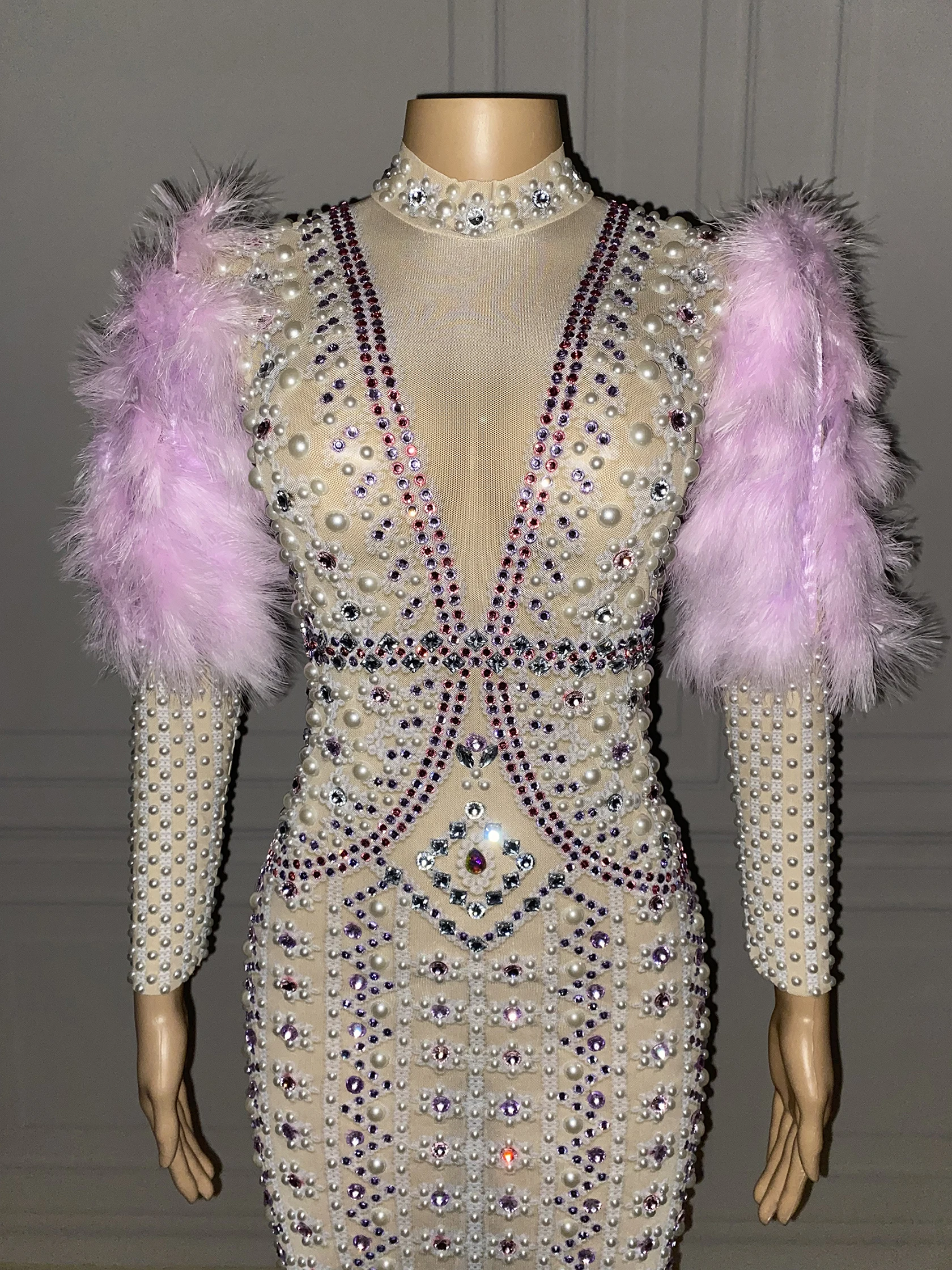 Party Banquet Pearls Evening Dresses Singer Performance Stage Costume Drag Queen Clothes Feather Rhinestones Long Dress yj010