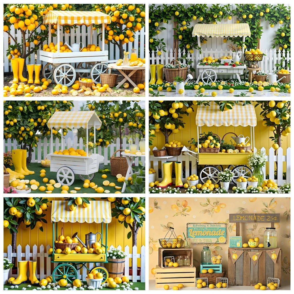 

Fruit Stand Lemon Photography Background White Fence Blooming Garden Children's Party Portrait Photography Background