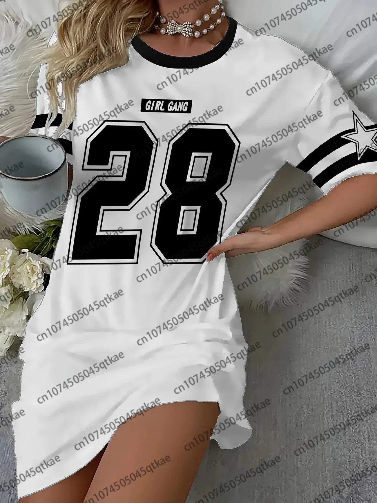 فستان نسائي كبير الحجم تي شيرت بنات عصابة '28' طباعة فستان صالة قصير الأكمام للمنزل والنزهات رقبة مستديرة ملابس نوم غير رسمية #3