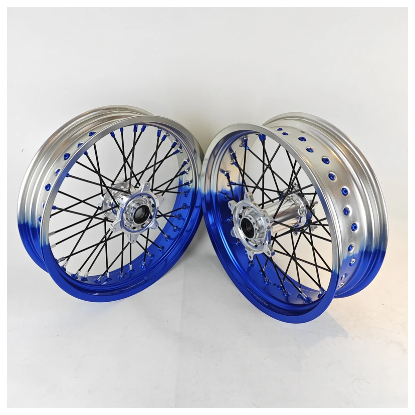 Fit KT M EXC SXF MC XE TE FE 17 Wheel Set Two-Tones Blue and Silver Rims Supermoto Motard Spoke Wheels