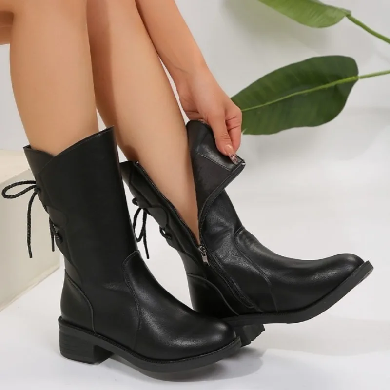 

Fashion Lace Up Women Mid Calf Boots Mid Heels Winter New Shoes 2025 Designer Elegant Chelsea Long Boots Dress Pumps Zapatillas