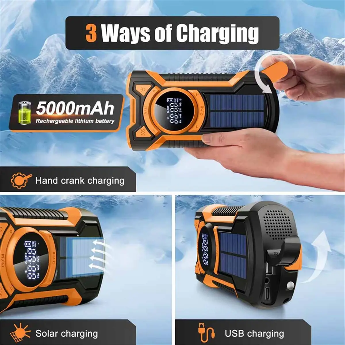 DT351 STOCK-Emergency Radio Hand Crank Solar 5000mAh IP65 Waterproof Bluetooth 5.3 Portable AM/FM/NOAA Weather Alert Radio
