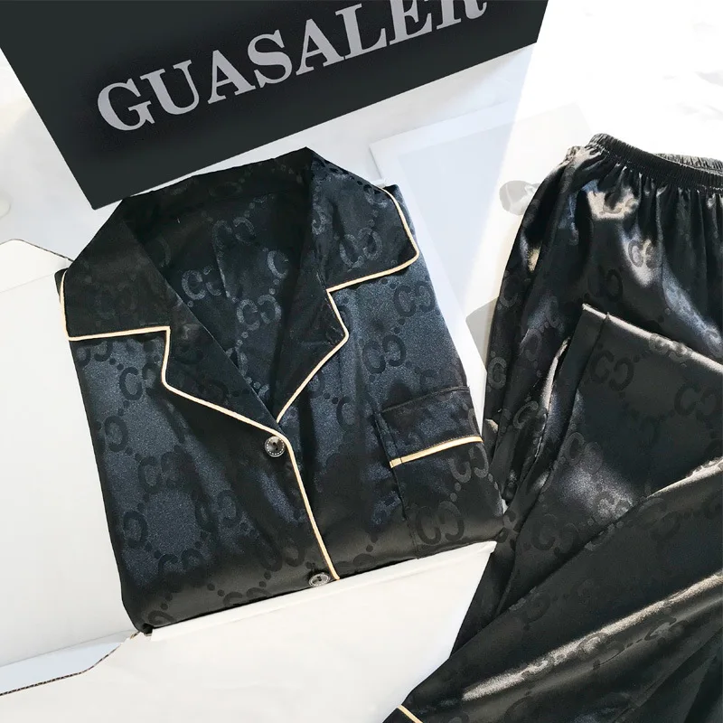 زوجين منامة الربيع والخريف الحرير الجليد طويلة الأكمام السراويل الطويلة رقيقة الراقية حجم كبير 100 كجم الرجال والنساء المتسكعون مجموعات #6