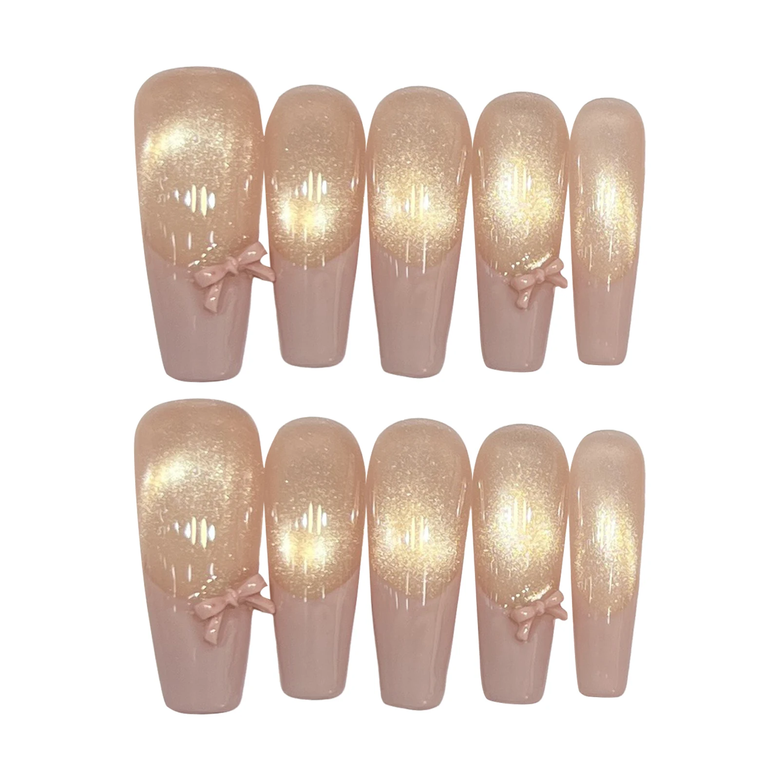 10 قطعة الأظافر الفرنسية الطويلة وهمية عين القط لامعة Bowknot الذهب القط العين T شكل مسمار الفن للنساء DIY بها بنفسك ملابس الحفلات