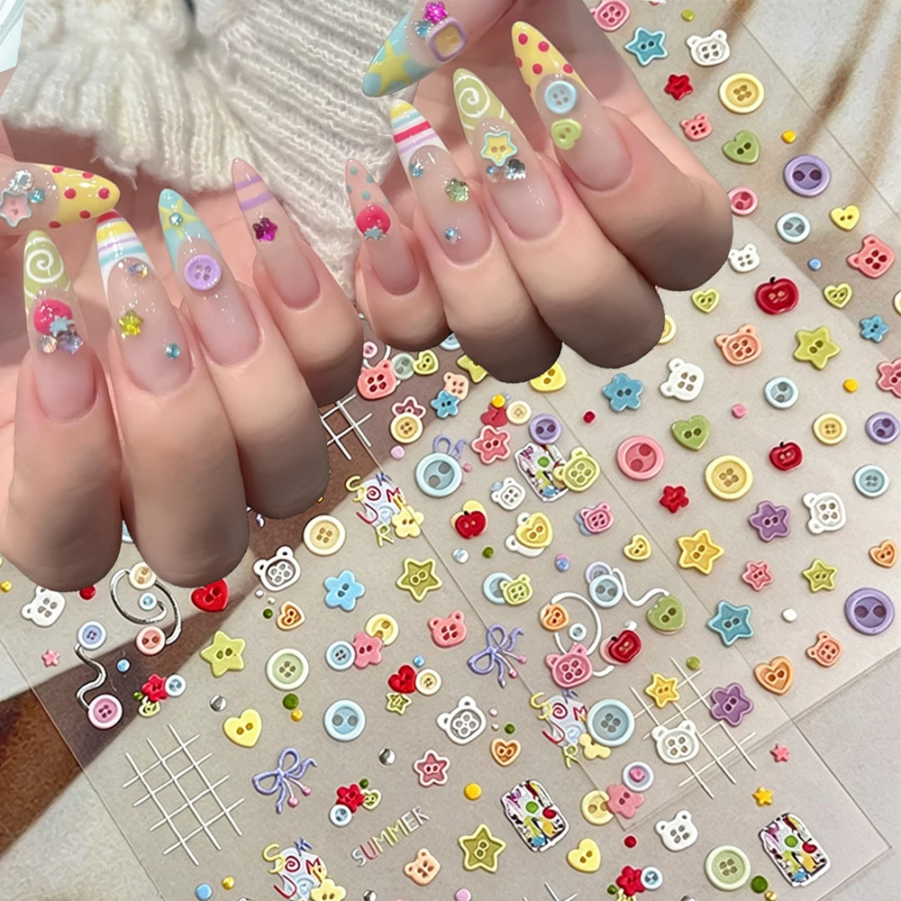 2/1Pcs Y2K Candy Button Star Nail Stickers 5D Embossed Dopamine Cartoon Bow Love‑Heart Grid Nail Decals DIY Sweet Manicure Decor