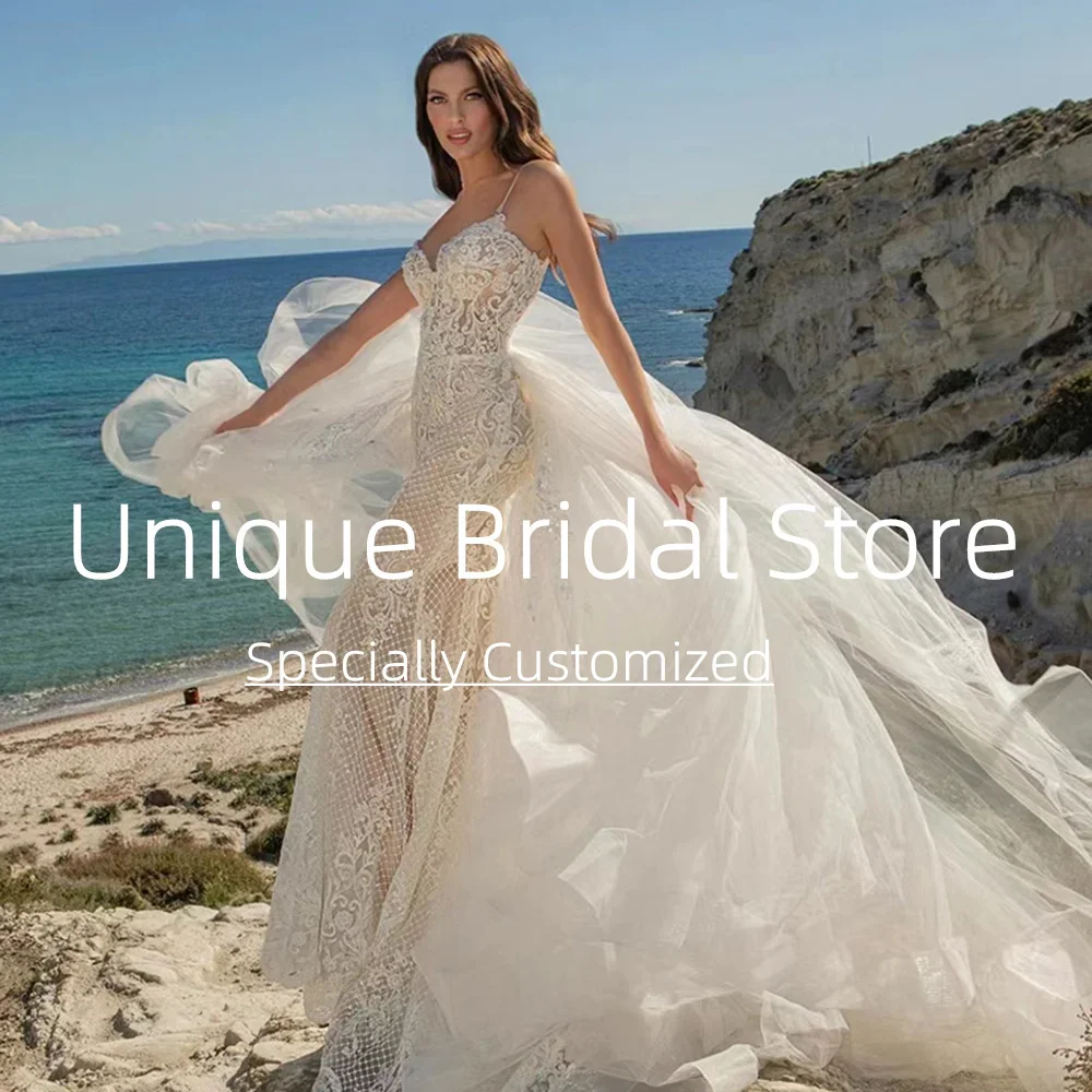 Aangepaste elegante kanten zeemeermin 2-in-1 trouwjurk applicaties mouwloze afneembare trein rugloze bruidsjurken voor dames