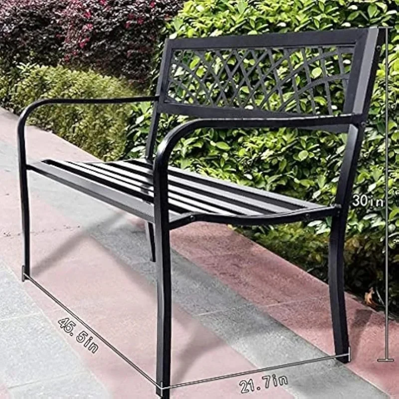 Outdoor Patio Bench Iron Frame Mesh Design Plastic Backrest Armrests for Garden Lawn Use