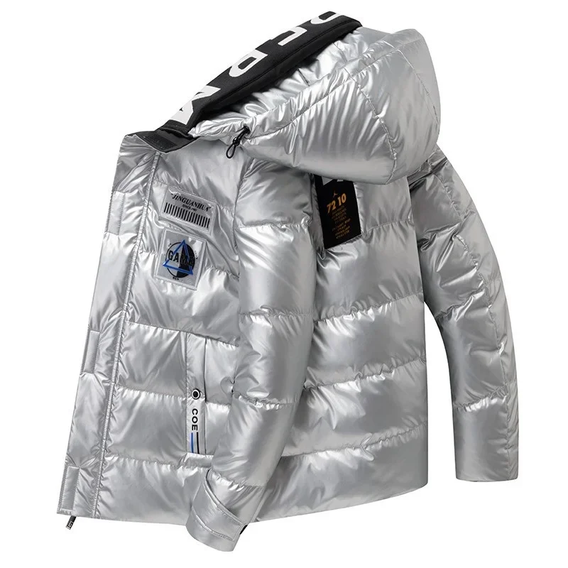 Chaqueta de cuero brillante para hombre, abrigo grueso y cálido, Parka informal, prendas de vestir impermeables con cuello alto y capucha, ropa de