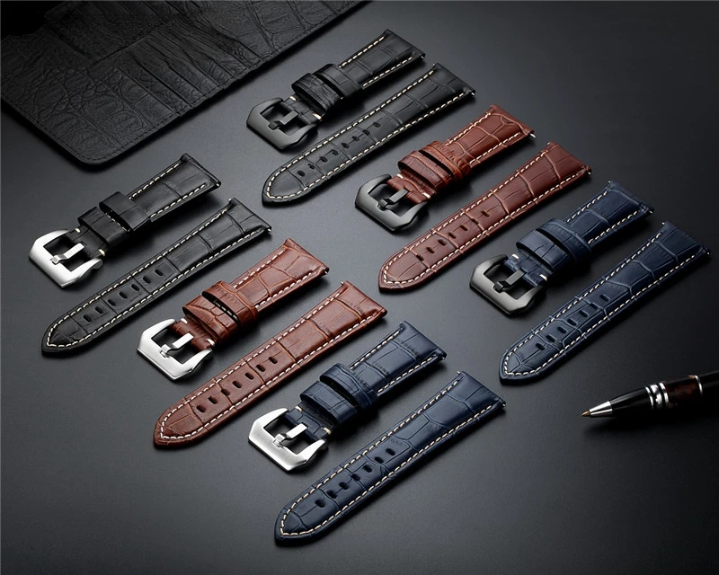 New 20 22 24 26mm Genuine Leather Watch Band Strap Blue watchband Watch Accessories Bracelet with Solid metal Buckle