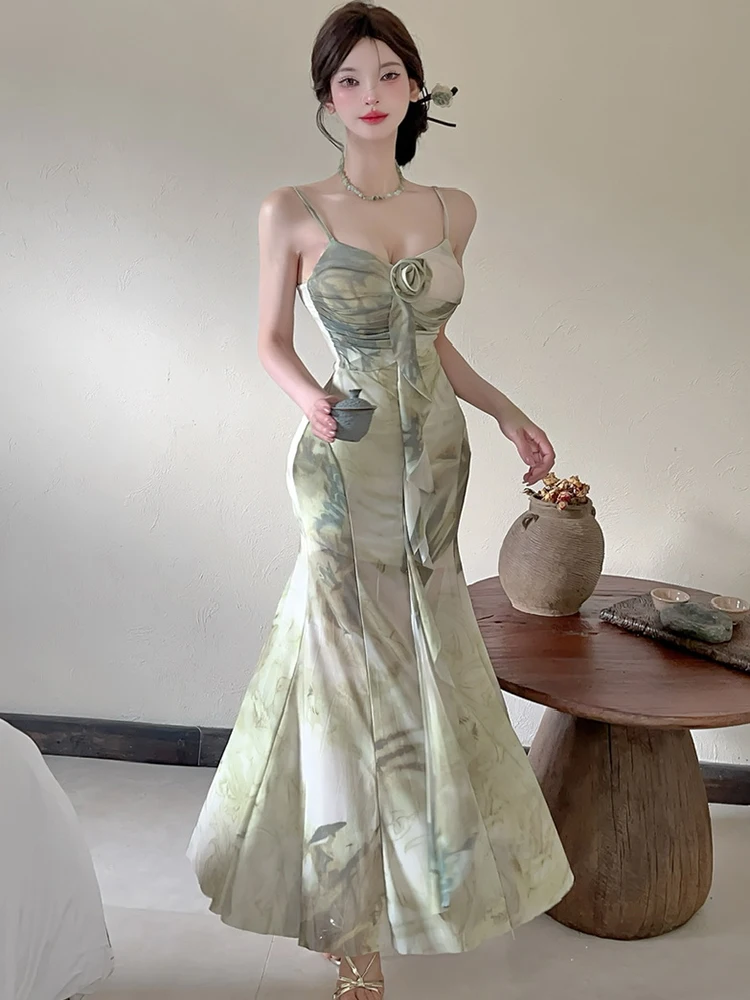 Frauen Grün Print Mesh Chic Rüschen Langes Kleid Sommer Elegante Schlinge Sexy Kleid 2025, Koreanische Mode, Figurbetontes Casual Urlaub Kleid