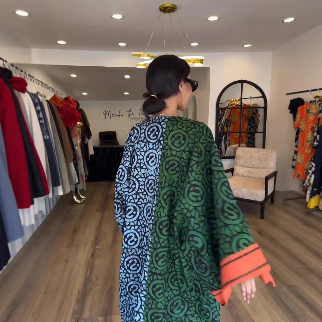 أنيقة الخامس الرقبة فستان فضفاض بسيط المرأة 2025 الربيع الصيف عطلة الطباعة المرقعة فستان ماكسي عادية