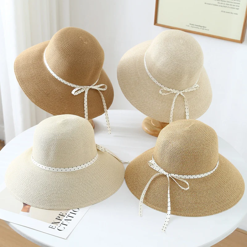 New Ribbon Bow Straw Hat, Elegant Beach Hats Women Sunhat Vacation And Travel Seaside Wide Brimmed French Style