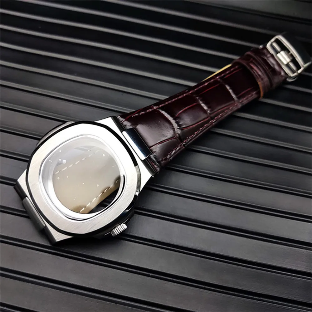 Replacement 40MM 5711 Case Leather Strap Modify Clear Bottom Shell Sapphire Glass for NH35 NH36 NH38 NH70 Movt Accessories