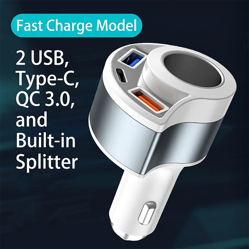 Fast Charging Multi Port Vehicle Power Adapter Car Charger with Cigarette Lighter Splitter Socket Type C Dual USB A  For iPhone view 2