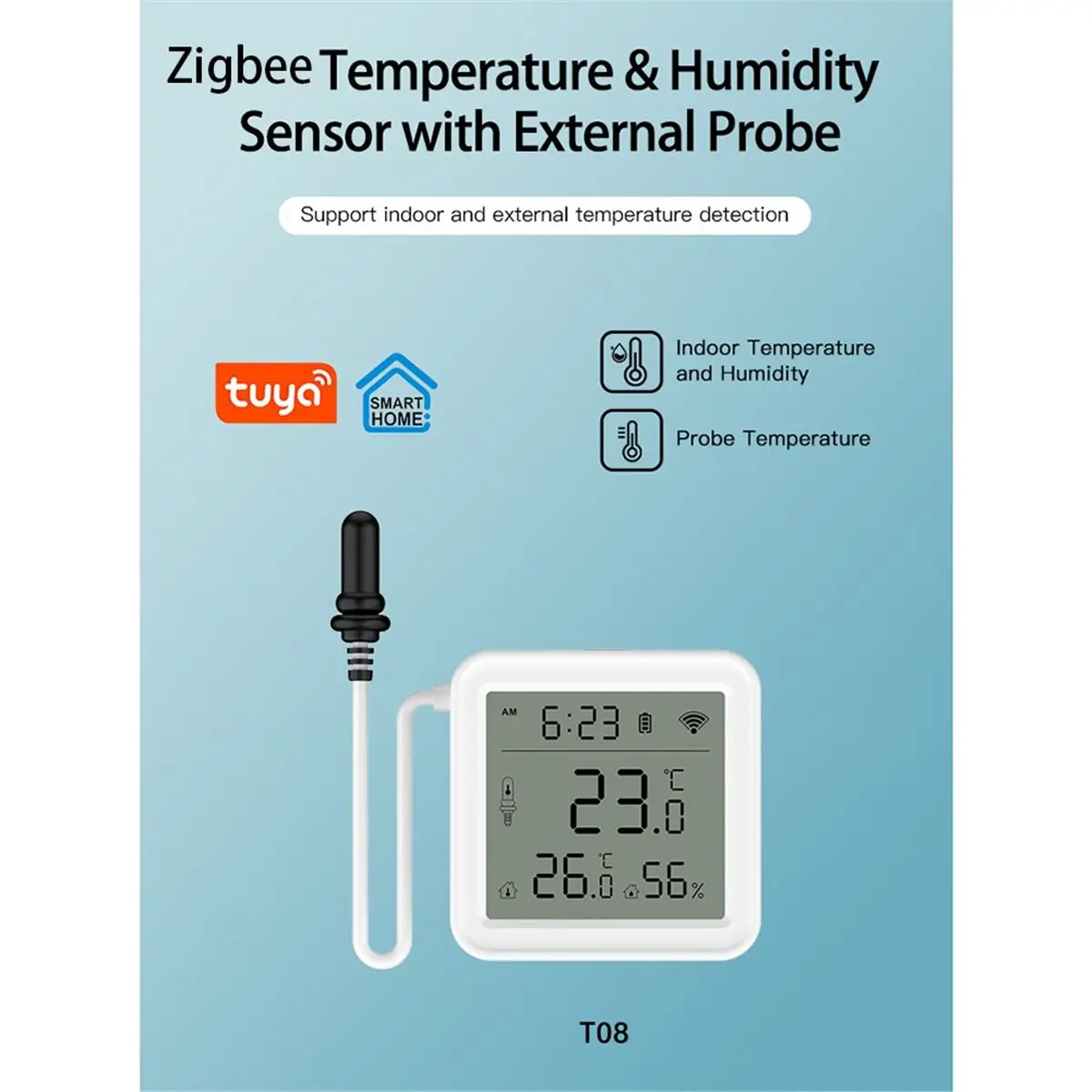ABSF Tuya Zigbee Temperature Humidity Sensor with External Probe&LCD Digital Smart Home Automation for Alexa Google Assistant