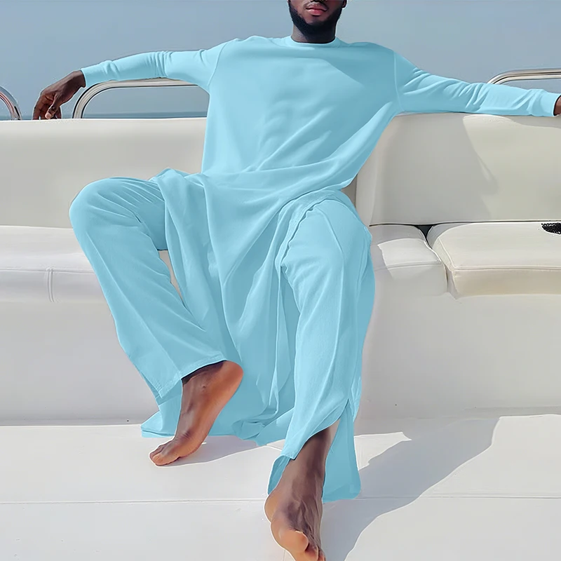 

INCERUN Men Sets Solid Color Long Sleeve Long Style T Shirt & Pants Two Pieces Sets Loose Streetwear Fashion Casual Men Suits