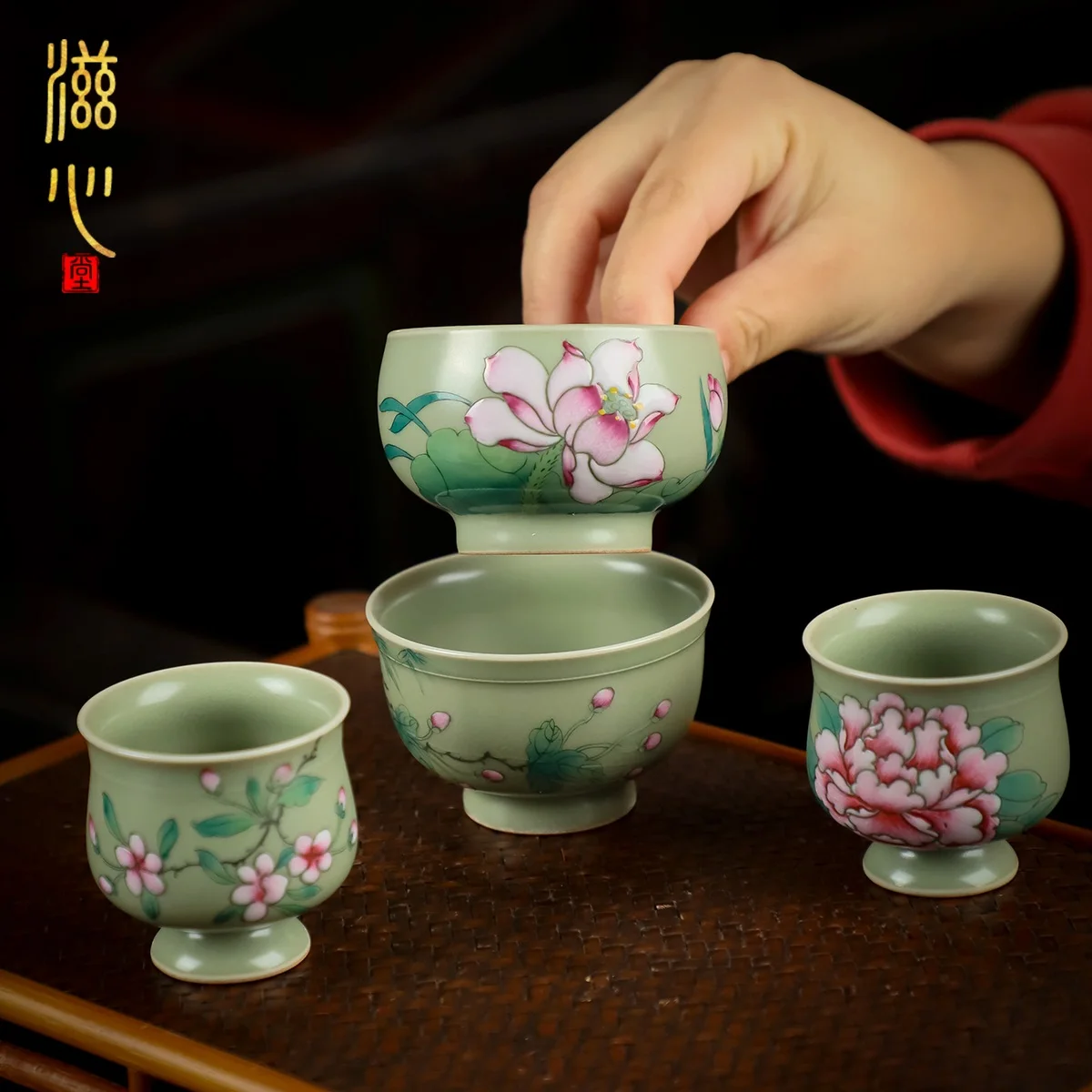High-Grade Bean Cyan Hand Painted Peony Ceramic Cup Tea Kung Fu Set Single Gift Box